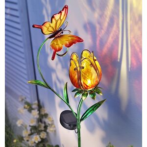 Solárny záhradný zápich Kvetina s motýľom, oranžový