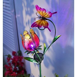 Solárny záhradný zápich Kvetina s motýľom, ružový